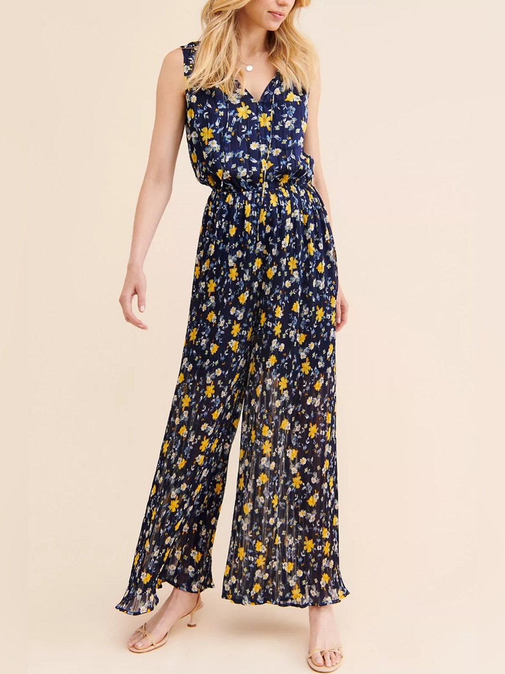 Anthropologie Current Air Blue Floral Pleated Straight Leg Jumpsuit Size Small